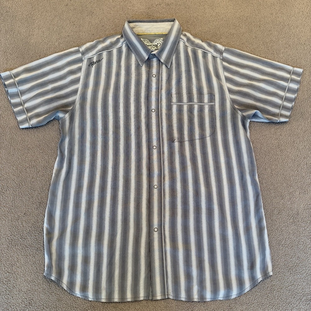 Prana Breathe Short Sleeve Shirt Blue Gray Striped Men's Large Outdoor Hiking